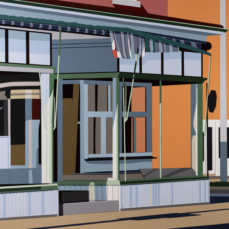 A painting by Gordon Leverton titled Vintage Charm (48 x 48 x 1.5 in), depicting the detailed facade of a porch with striped awnings, pale green posts, and a blue and orange color scheme. Architectural elements like windows, siding, and shadows are rendered in flat, geometric blocks of color. A striped flag hangs from the top right, adding a nostalgic touch to the scene.